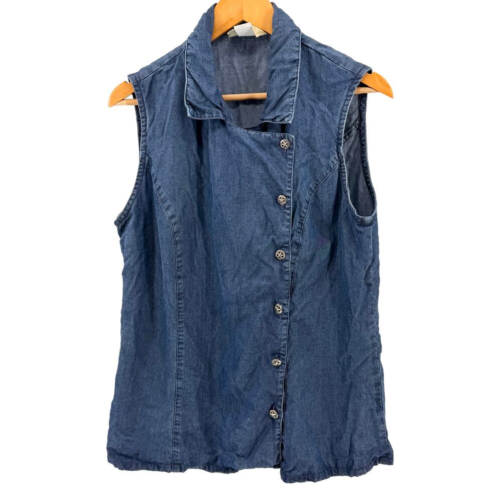 Vintage 90s Saddle Ridge Blue Western Star Button Asymmetrical Sleeveless Top
